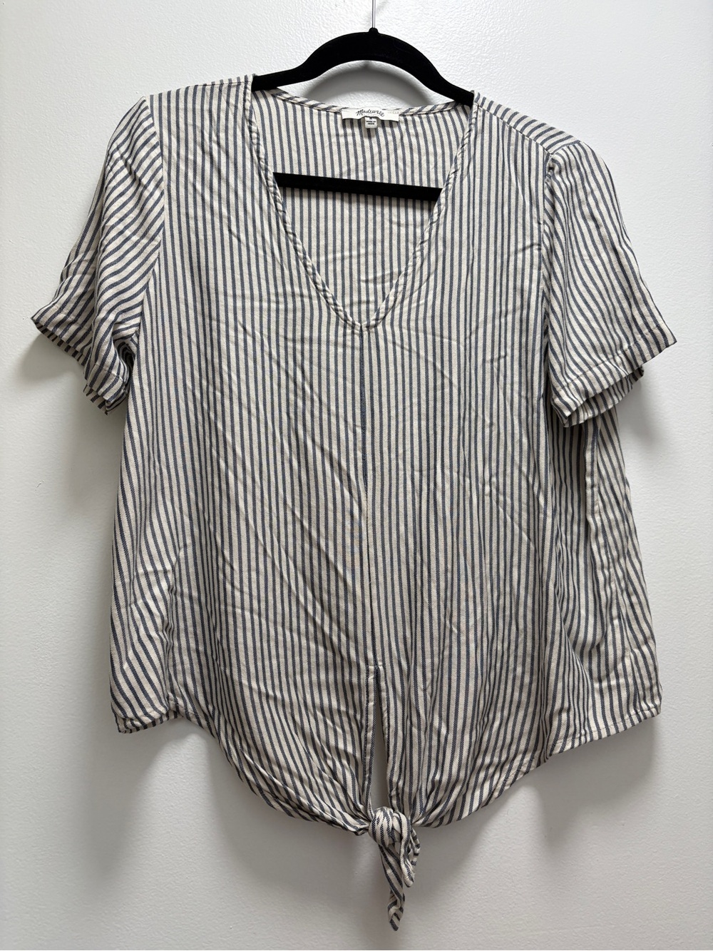 Madewell Blue/Grey and White Striped V-Neck Tie-Front Top